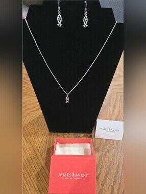 James Avery Scrolled Ichthus Pendant And  Necklace with Matching Earrings Set